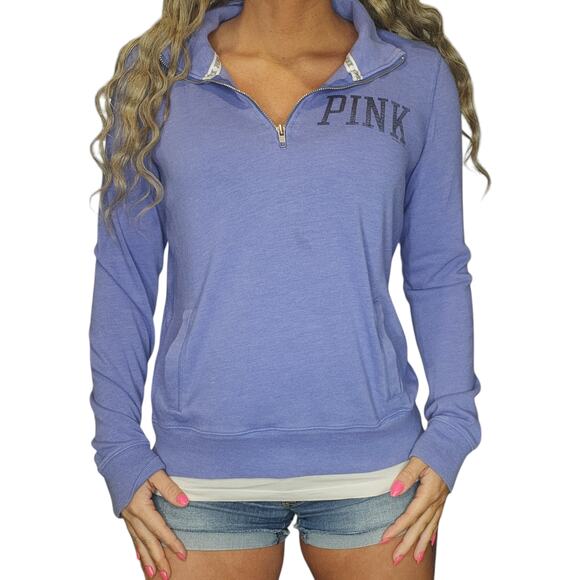 Victorias Secret Pink Sweater Medium Purple Collared Quarter Zip Periwinkle - Picture 1 of 16